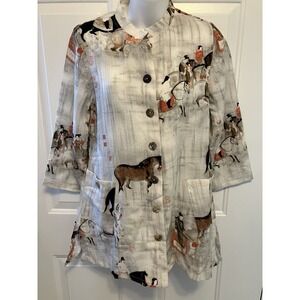 Soft Surroundings Song Dynasty Tunic Shirt Sz XS Asian Horse Print Womens‎ White